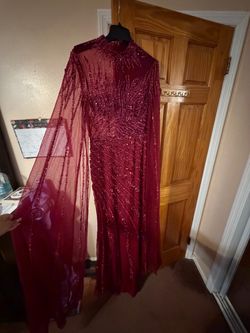 ✨ Burgundy Beaded Cape Evening Gown – Elegant Formal Dress ✨