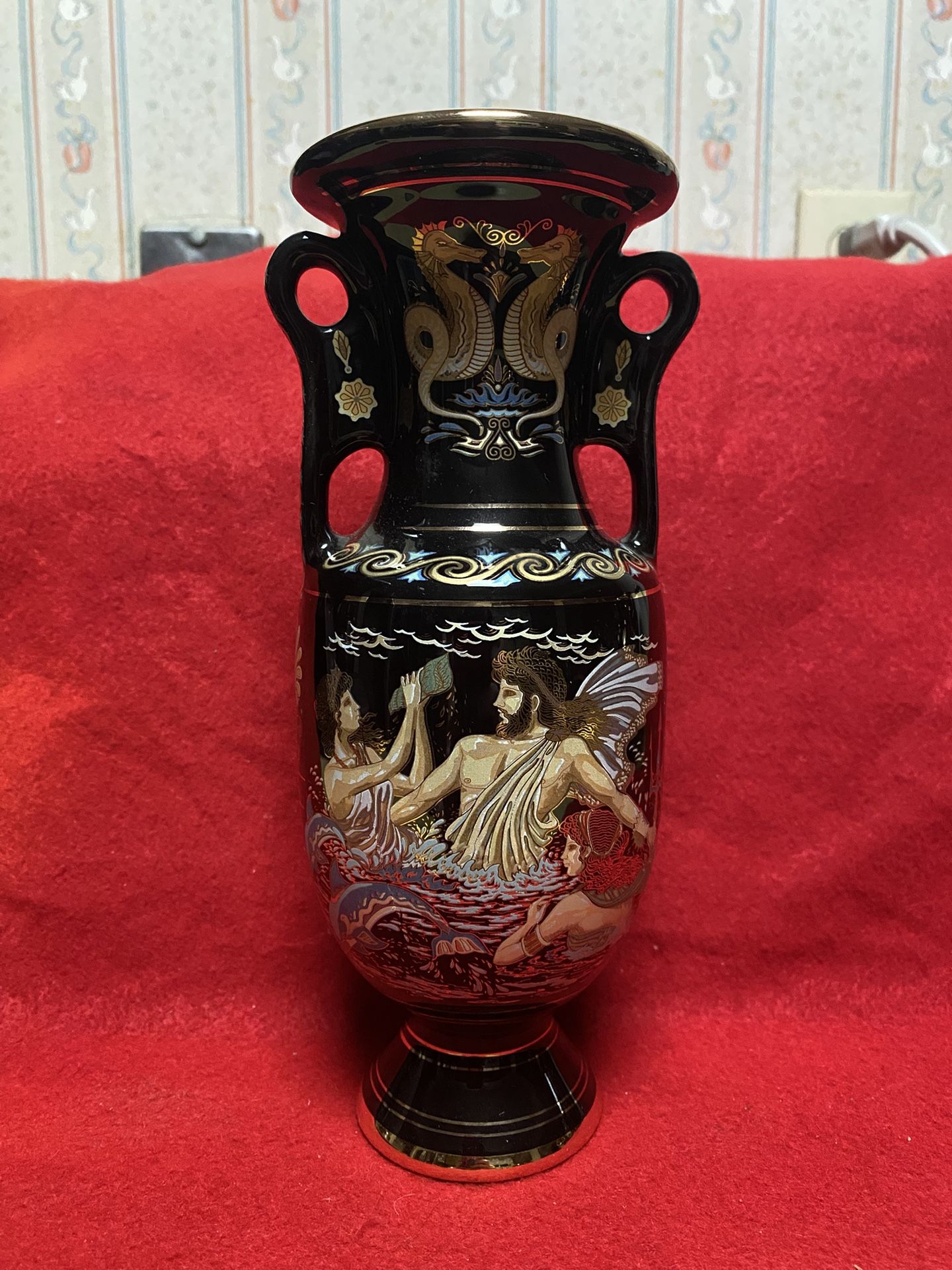 9 Inch 24k Black & Gold Handmade In Greece Imported From Greece Greek Ceramic Vase