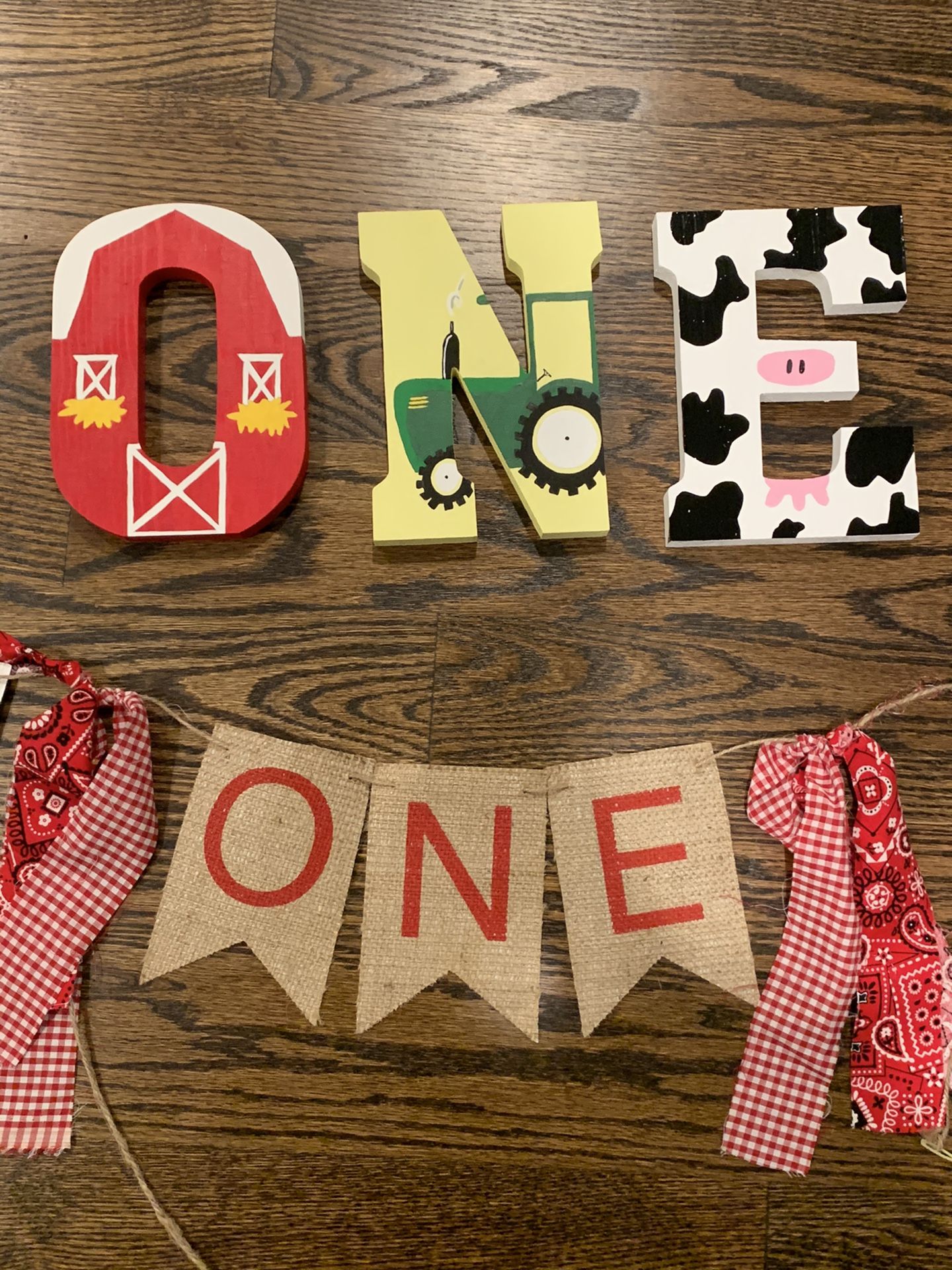 Hand Painted Wooden ONE letters (farm theme) with banner - GREAT condition