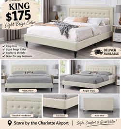 New in box king size bed frame light beige color mattress not included