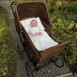 Vintage Wicker Baby Buggy And Baby Doll