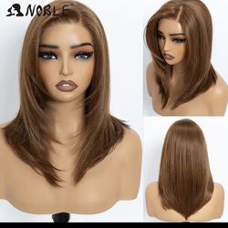 Noble Synthetic Lace Front Wigs For Women 16 Inch Free Part Pre Plucked Straight Layered Lace Wig Ombre Brown Blonde Cosplay Wig