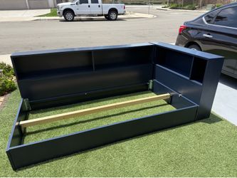 Luca Blue Twin Wood Storage Bed | Corner Bookcase | Built-In Shelves