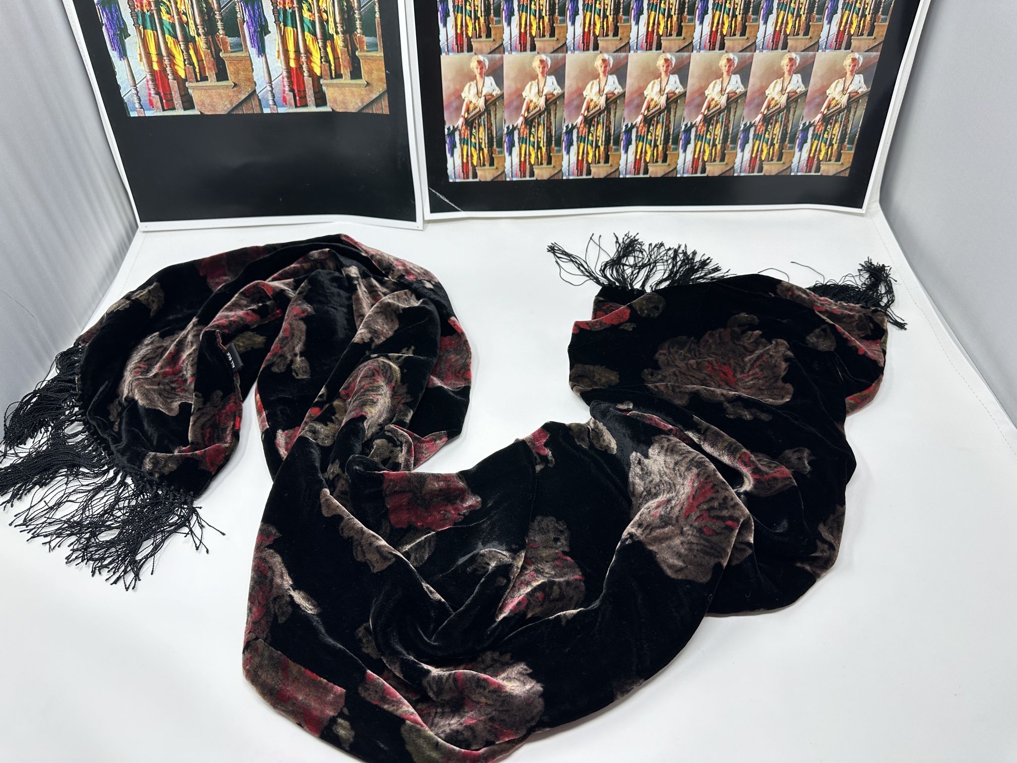 80s Black Silk Scarf with Fringe Velvet Velour Goth Accessories Headscarf Shawl