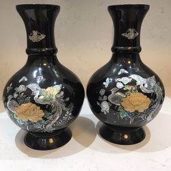 Pair of Black Lacquer Mother of Pearl Vase