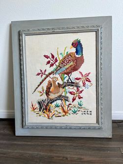 1950s Handmade Needlepoint Cross Stitch “Pheasant And Duck” Framed 25/30 Inches