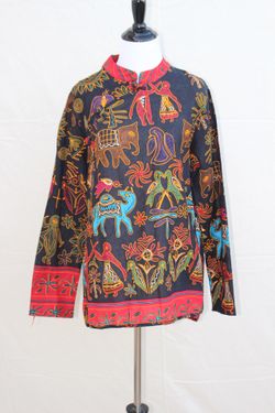 Fab 1980s Colorful Folk Style Mandarin Blouse