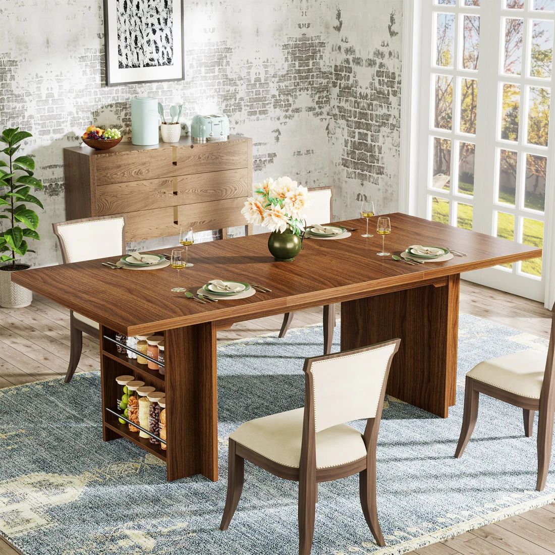 63" Farmhouse Dining Table Wooden Kitchen Table with Shelves for 6 to 8
