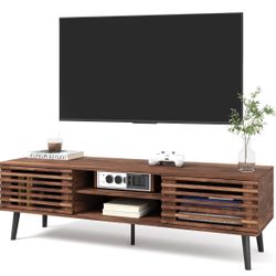 HAIOOU Mid Century Modern TV Stand, 52" Wooden TV Console with Slatted Sliding Doors and Storage for 50/55/60 Inch TV, Small Entertainment Center Medi