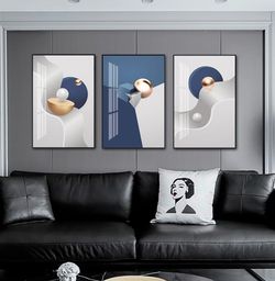 QKF Large Frame Canvas Wall Art Glossy Blue Geometry Modern Living Room