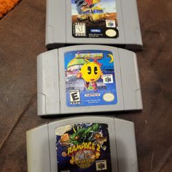 3 Nintendo 64 Games Rampage 2, Vigilante 8, Ms Pacman Maze Madness