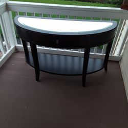Beautiful Black Wood Console Half Moon Table With Glass Top Shelf And On The Bottom And 1Drawer.