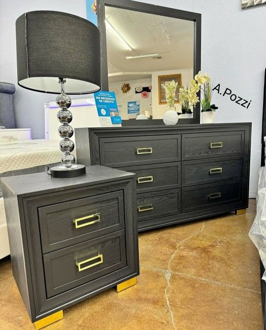 AP🎉 Black/Gold Panel Upholstered Bedroom Set- Bed, Dresser, Mirror, Nightstand// Financing & Delivery Available