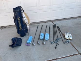 Women’s Spectra golf clubs, bag, size 8 woman’s shoes.