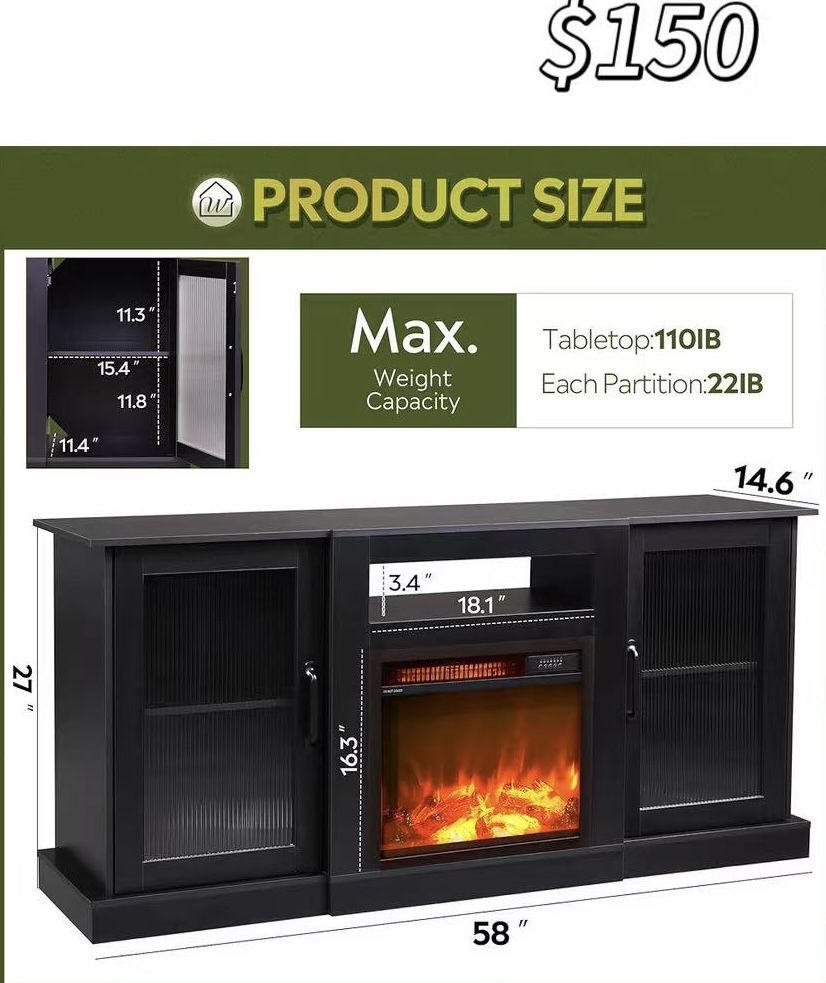 ✌️ WLIVE Fireplace TV Stand for 65" TV, Entertainment Center with 18 Inch Electric Fireplace, TV Console with Open Shelves for Living Room