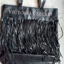 Victoria's Secret Limited Edition Black Faux Leather Fringe Tote Bag New