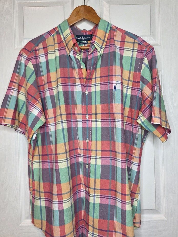 Ralph Lauren Shirt Mens XL Button Up 100% Cotton Short Sleeve MultiColored Plaid