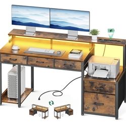 55 Inch Computer Desk with 3 Drawers and File Cabinet for Storage, Office Desk with Monitor Stand and LED Lights, Home Office Desks