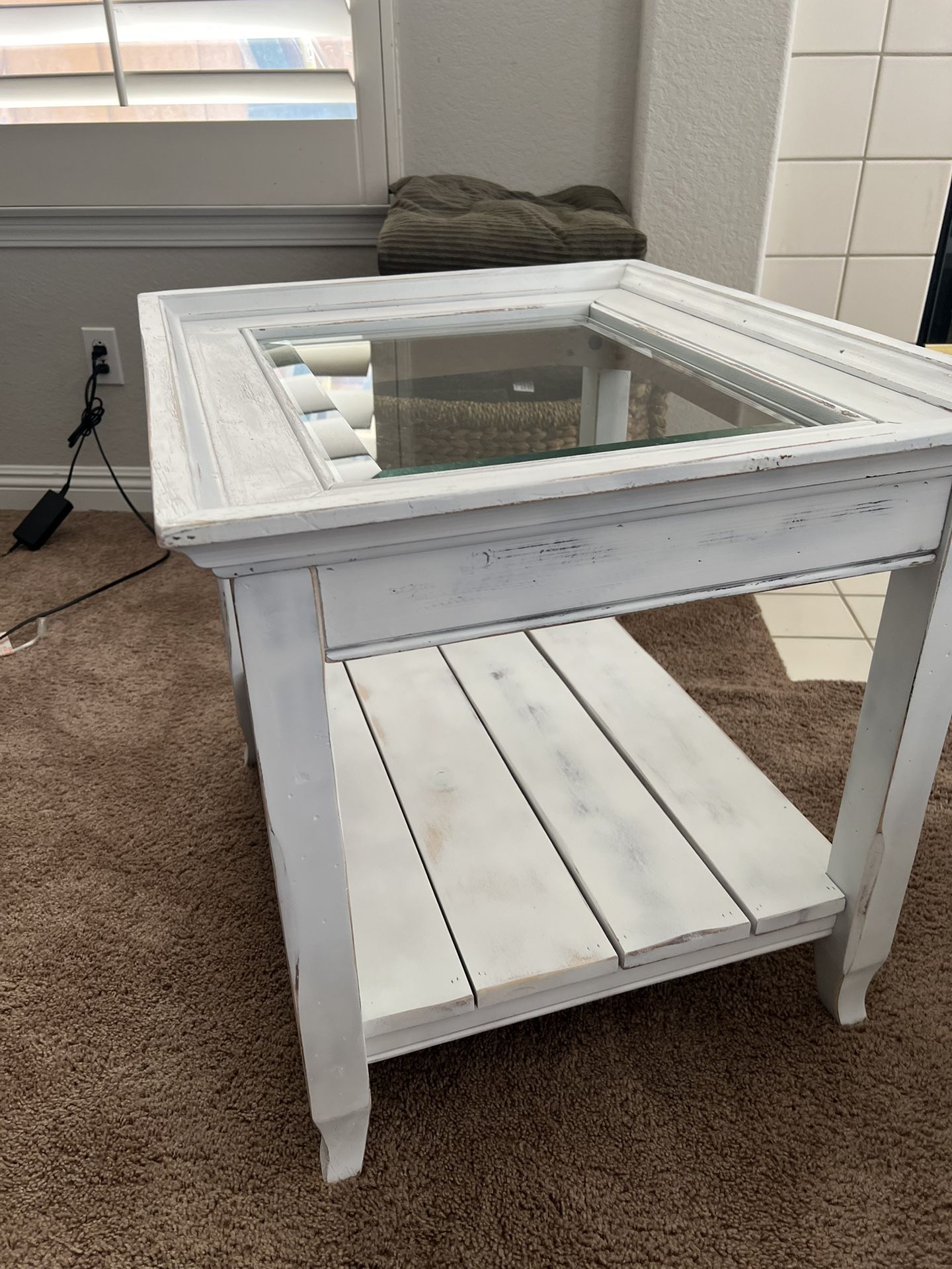 Weathered Farmhouse End Table with Glass Top – $100 (OBO)