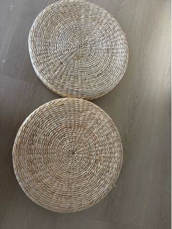 Set of 2 Woven Straw Floor Cushions - Round Tatami Poufs