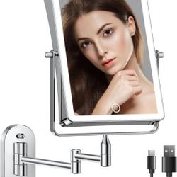 (New in Box) 
FASCINATE Rechargeable Wall Mounted Makeup Mirror, Bathroom Mirror Rectangle 8.7 Inch Double Sided 1X 10X Magnifying, 3 Color Setting, E