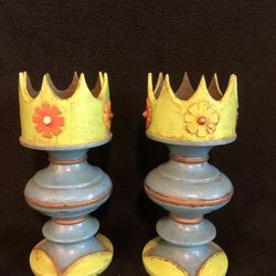 Set Of 2 Mid Century Wooden Candle HolderS Hand Painted King Crown Design