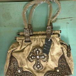 Tan Embellished Cross Western Cowgirl RHINESTONE HOBO PURSE TOTE BAG SATCHEL