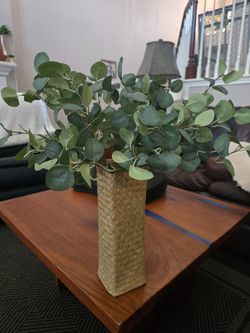 4 Faux Eucalyptus Plus Handmade Woven Flower Vase Rustic