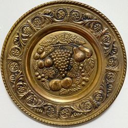 Vintage Made In England Hammered Brass Wall Plate Decor Grape And Fruits Design