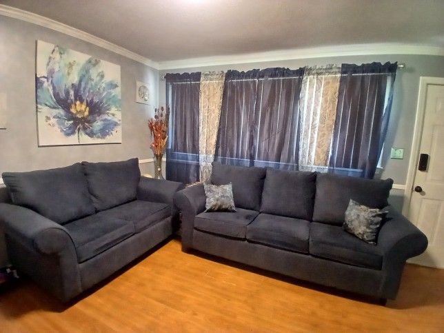 Blue Fabric Sofa And Love Seat