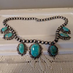 Navajo Pillow Silver Beaded Turquoise Necklace