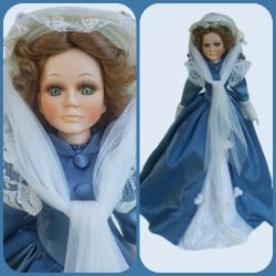 Porcelain Victorian Doll, Vintage, Collectable, Brown Curly Hair Blue Dress 21"