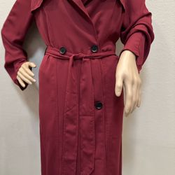 Wine Red Chiffon Lightweight Trench Spring Summer Coat Jacket Cover Up Medium 