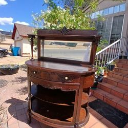 Antique Victorian Oak Bowfront Curio Cabinet / Vintage American Renaissance Revival China Cabinet 