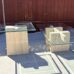 Glass Top Travertine Base Tables Set