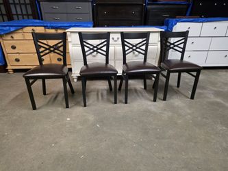 Set of 4 Black Metal / Brown Leather Chairs