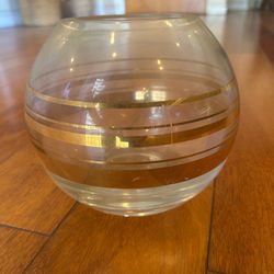 Vintage Frosted Glass Bowl Vase Gold Stripe Round Globe Centerpiece 7.5”