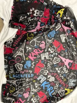 Karl Lagerfeld Black Graphic Scarf with Red, Pink, Blue, Yellow & White Motifs