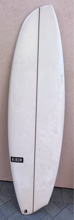 Album Disorder 6’2” asymmetrical surfboard, goofy.