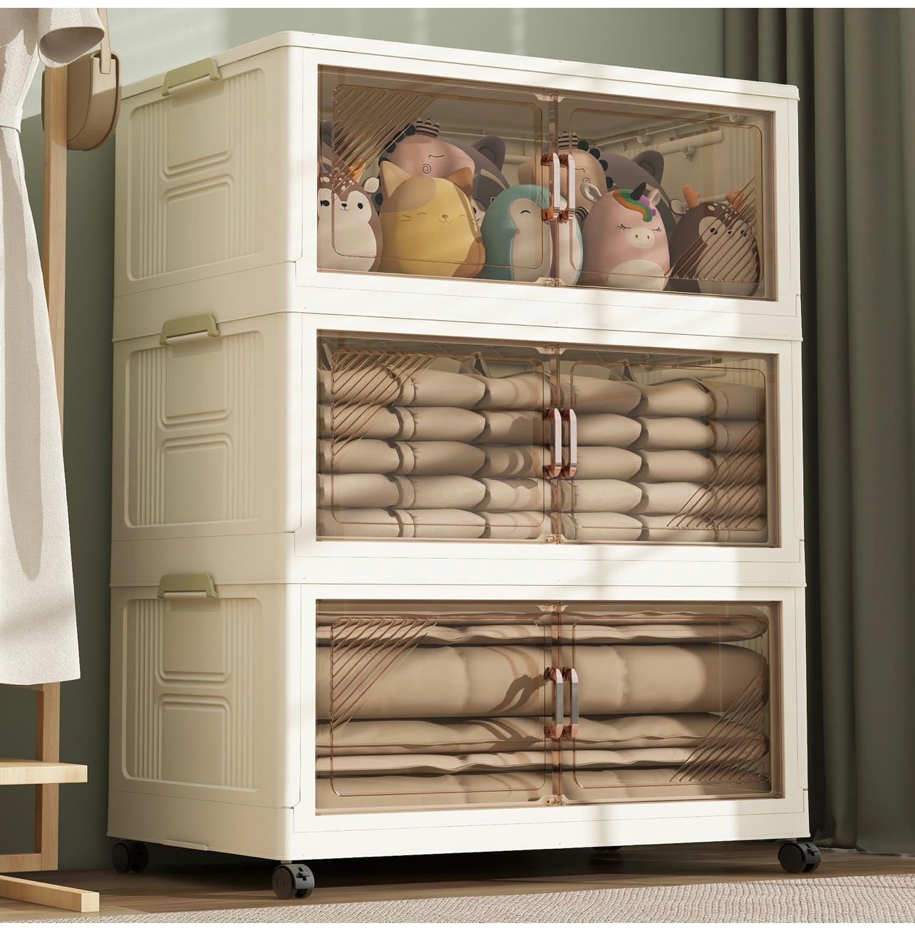3 Pack Stackable Bins with Lid, Closet Organizer and Storage Drawer