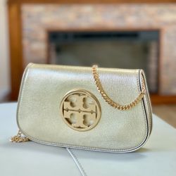Tory Burch Reva Leather Clutch Shoulder Bag Metallic Spark Gold