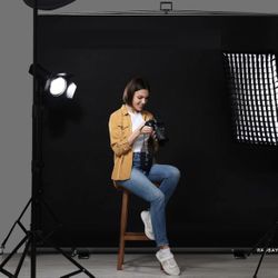 RAUBAY 78.7 x 82.7in Large Collapsible Black Backdrop Screen Portable Retractable Panel Photo Background with Stand for Video Conference, Photographic