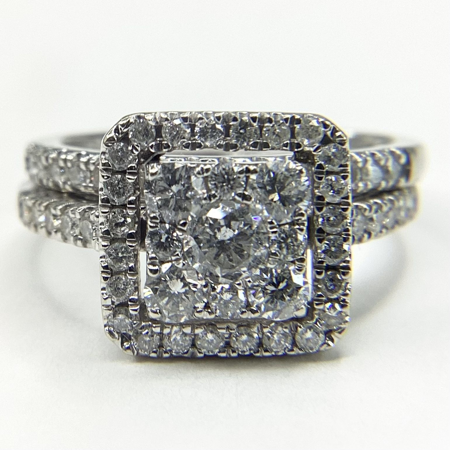 14K White Gold Double Halo Diamond Bridal Set Size 7