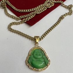 Cz Stones Green Buddha Head Pendant And Cuban Necklace