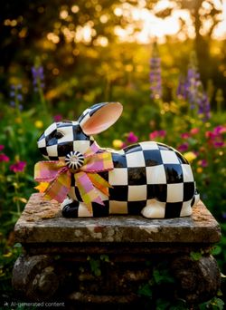 MacKENZIE CHILDS COURTLY CHECK RESTING SITTING BUNNY FIGURINE Black&White Patter