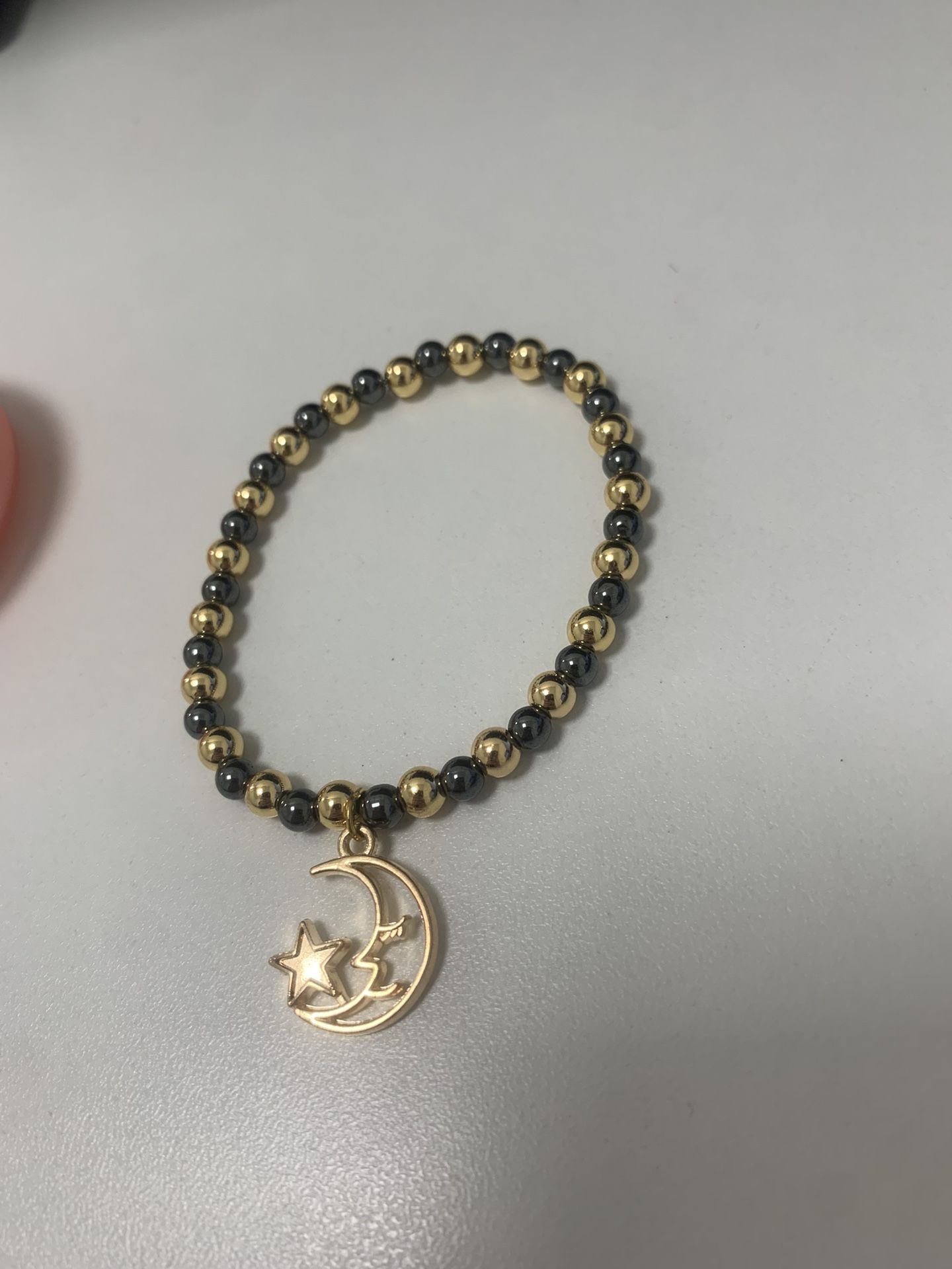 Homemade Hematite and Gold Plated Beaded Sun And Moon Charm Bracelet
