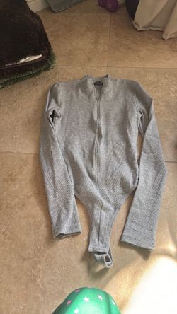 Gray Ribbed Long Sleeve Zip Bodysuit