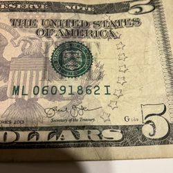 $5 Bill Fancy Serial ML 06/09/1862, Series 2013 
