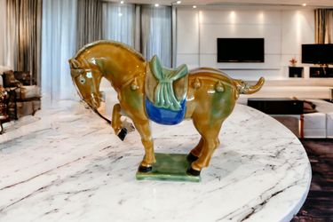 Vintage Glazed Ceramic Sancai Golden Horse Figurine Majolica Drip Glaze