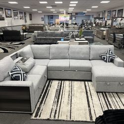 Gray Sofa Sectional w/ Sleeper & Storage & Dropdown Cup holders 